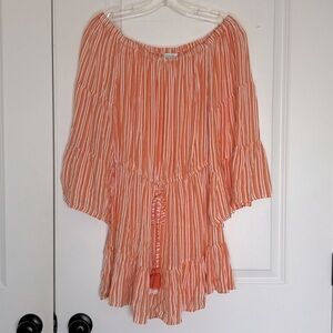 Blue Island Orange White Stripe Off Shoulder Tassel Tie Waist Mini Dress Cover M